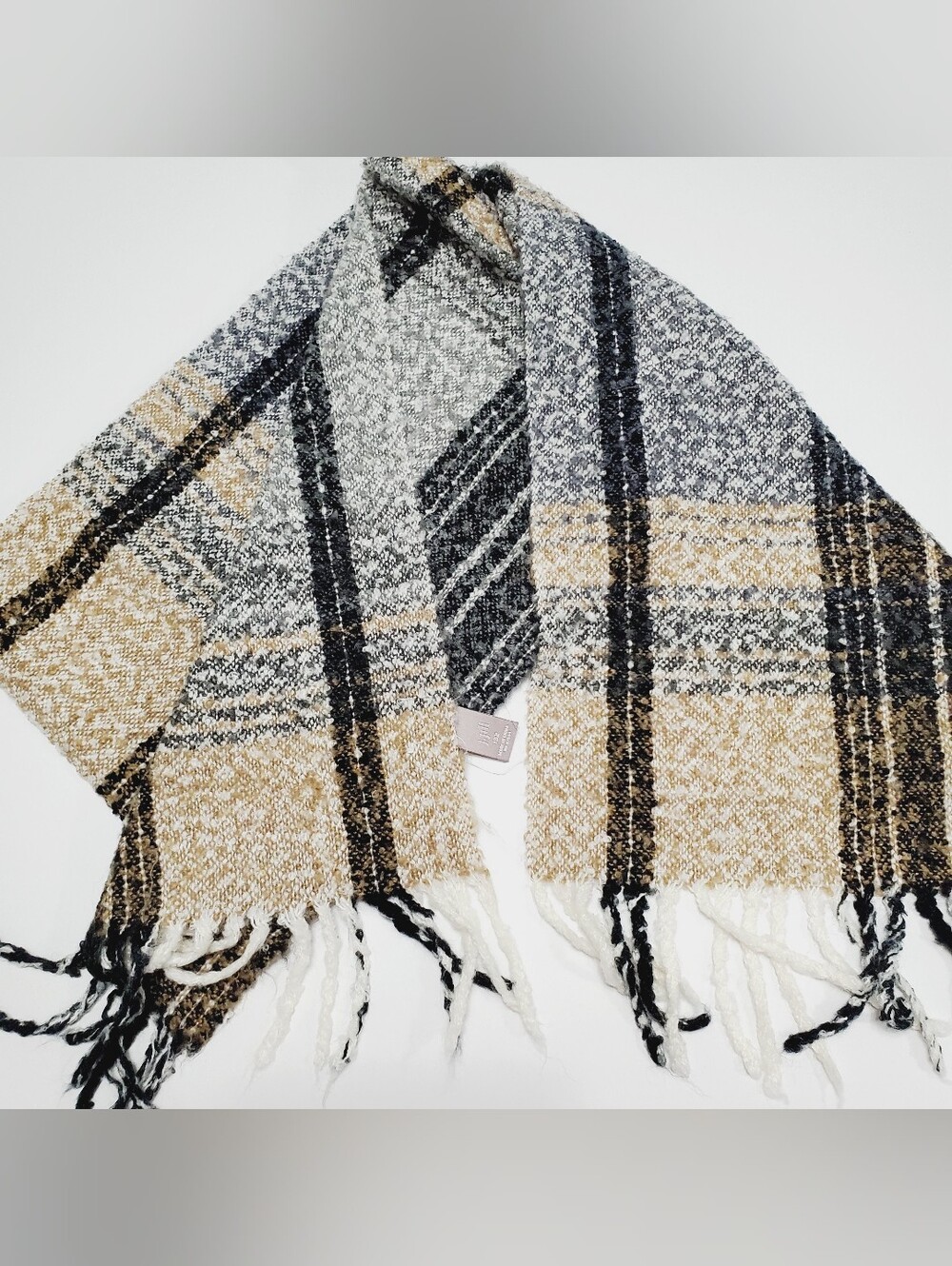 J. Jill Unisex Knit Scarf Gray & Tan Plaid Pattern Acrylic 68x10.5"